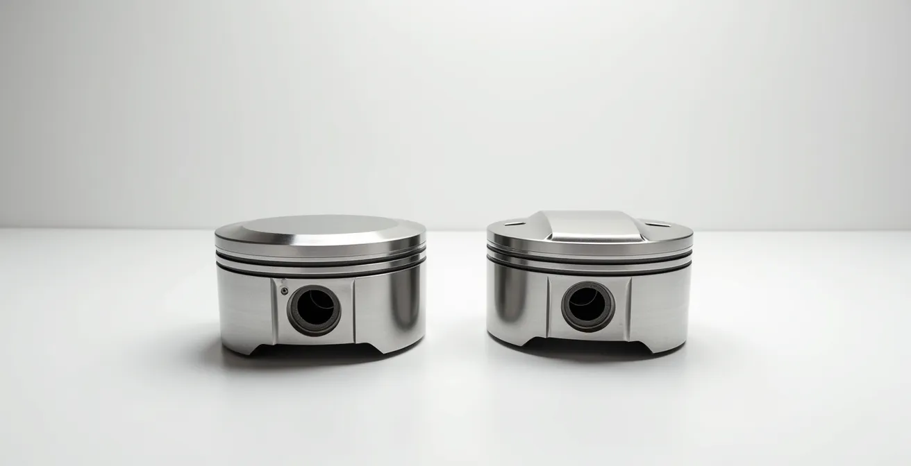 Deux pistons Solex côte à côte : un de conception d'origine et un performance, illustrant le choix technique