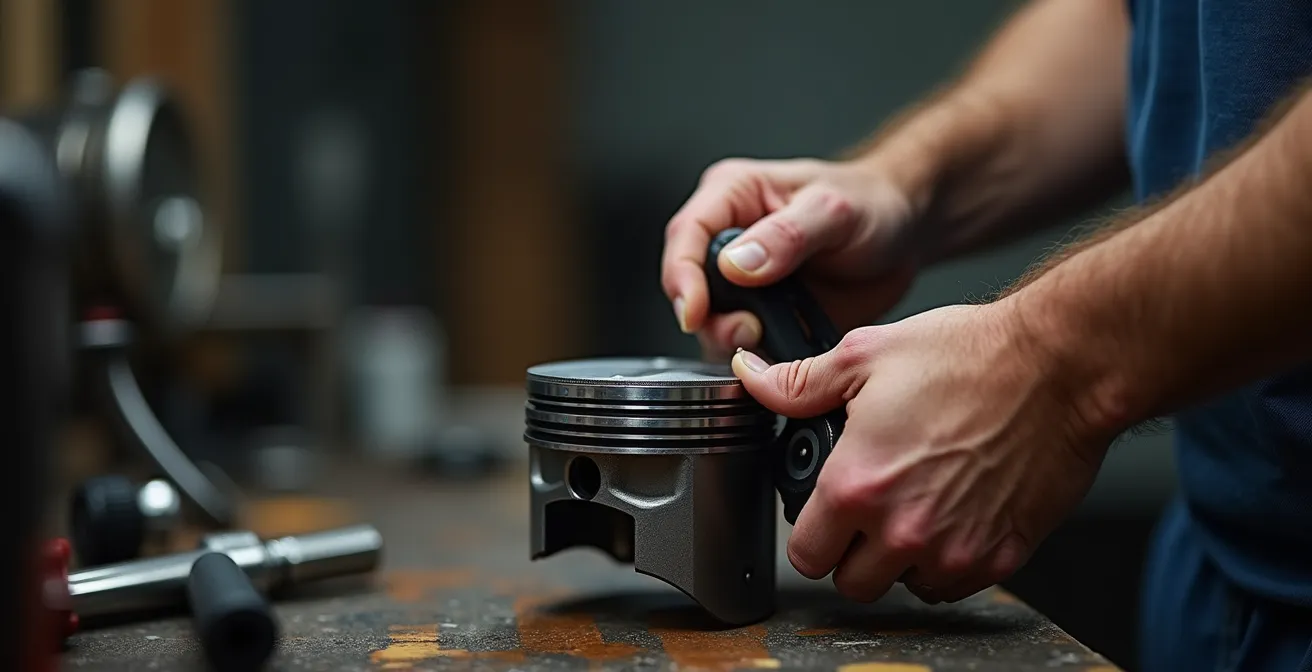 Les mains d'un mécanicien expert montant un piston Solex avec outil spécialisé dans un cylindre de moteur