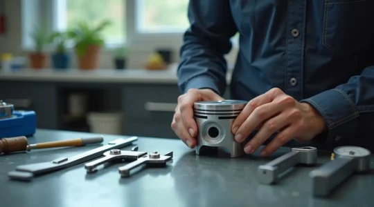 Atelier de restauration avec piston Solex, outils de mesure précis et technologie professionnelle
