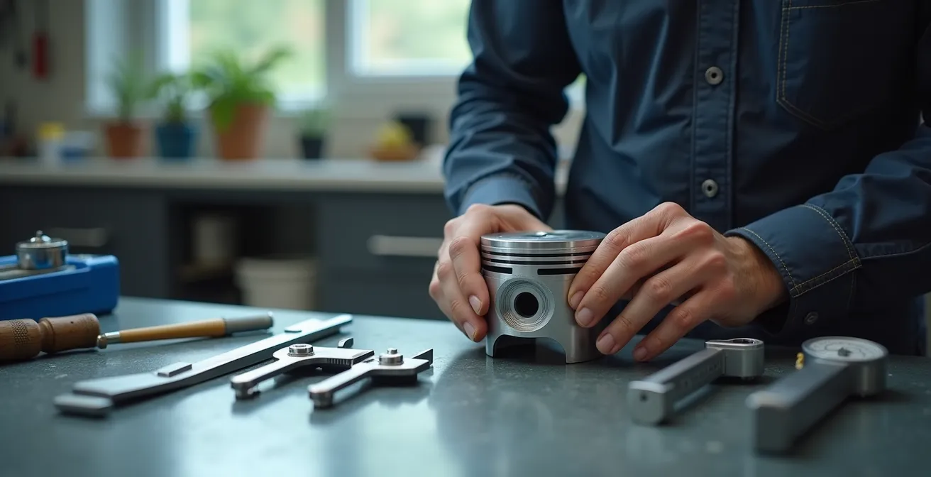 Atelier de restauration avec piston Solex, outils de mesure précis et technologie professionnelle