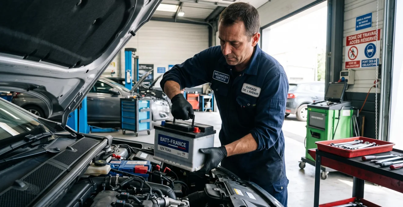 Technicien automobile remplaçant une batterie de véhicule dans un garage certifié, geste professionnel de manipulation de la batterie au-dessus du compartiment moteur